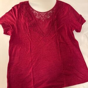 Sézane Pink Mina Linen Tee - Reversible V-Neck Lace Detail - Size Small